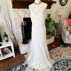 DB Studio white beaded pearls gown evening dress size 16 NWT